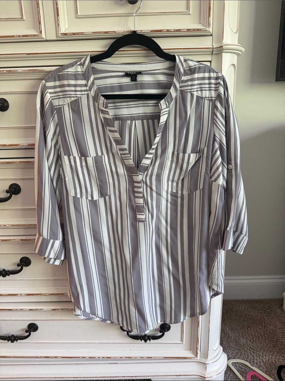 torrid Gray and White Vertical Stripe Button-Front Tunic